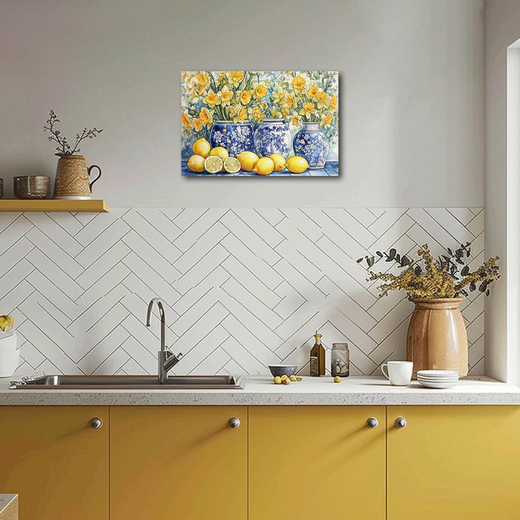 Lemon Wall Art Kitchen Pictures Yellow Lemon and Blue Pottery on Table Painting Vintage Citrus Fruit Canvas Print