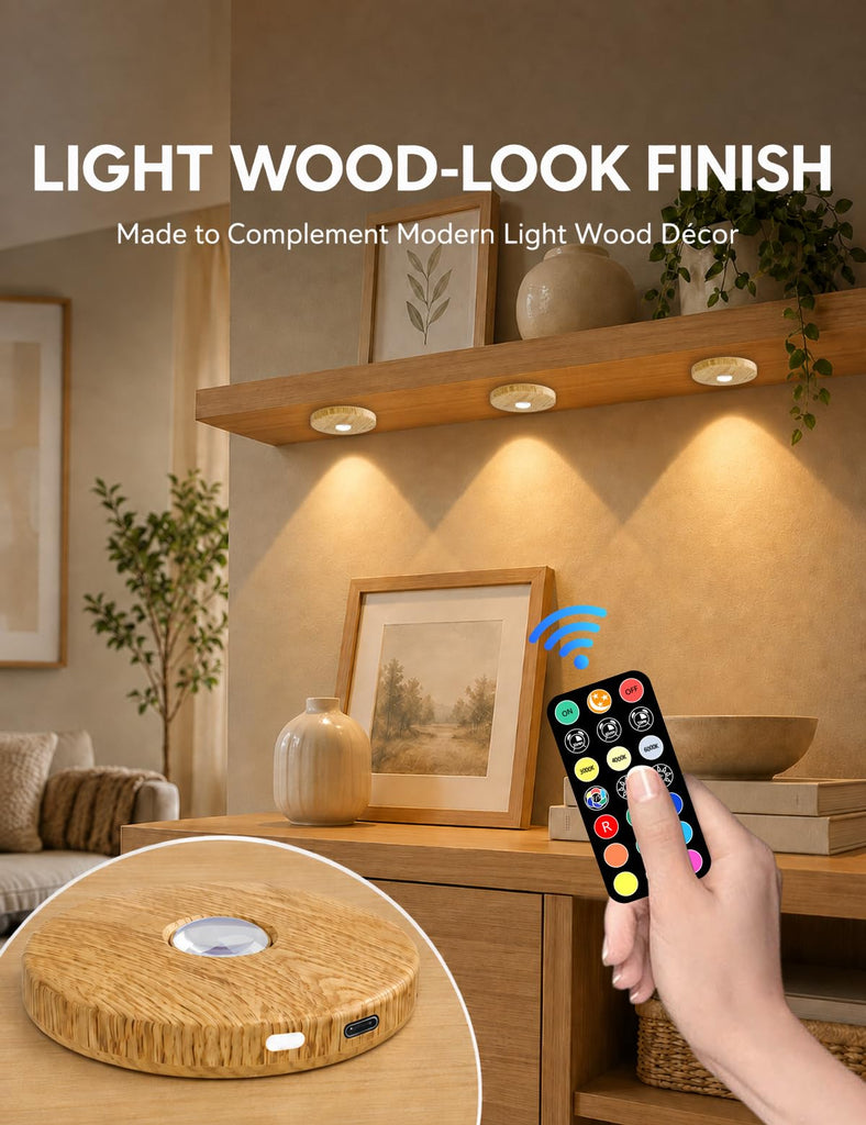 Rechargeable Puck Lights with Remote, Wood-Look Under Shelf Lights, 3 Pack