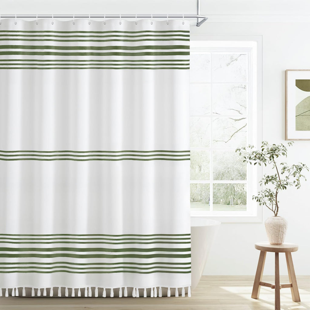 Sage Green Shower Curtain Boho Stripe Shower Curtains with Tassel Farmhouse Shower Curtain 72 X 72 Inches