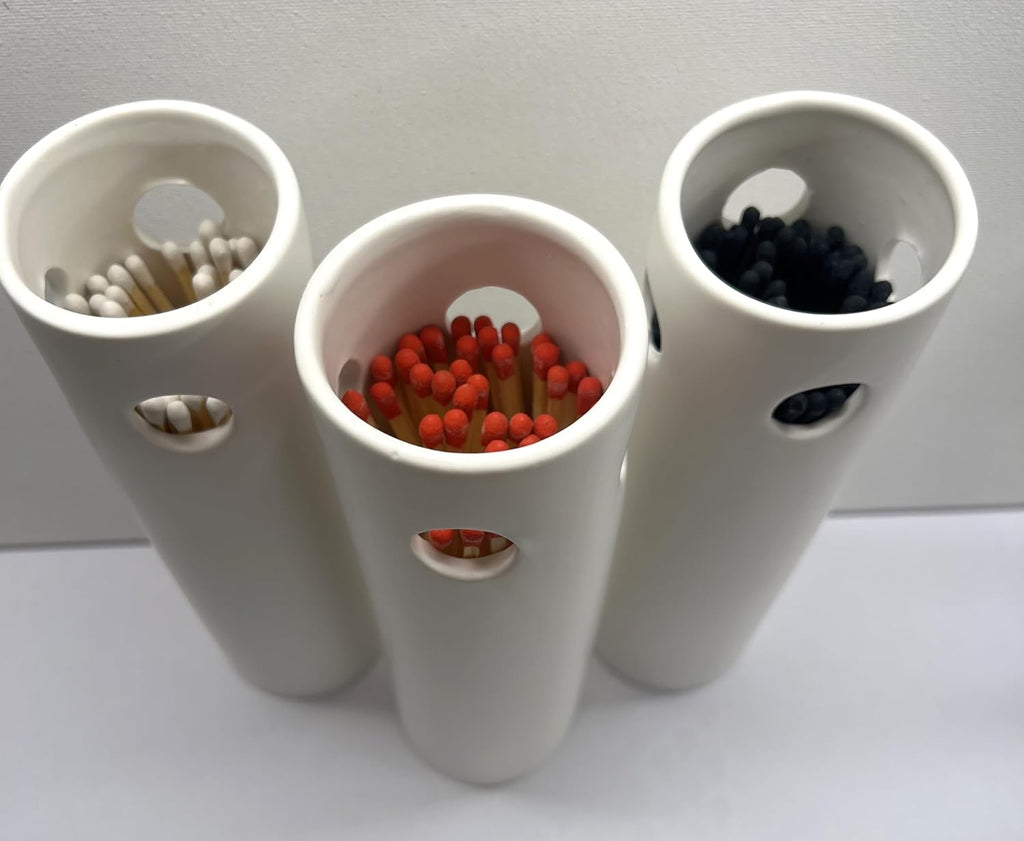 White Ceramic Fireplace Match Holder with Striker Pad, 50 8" Red Tip Matches. Reusable, Refillable. Decorative - Set of 50