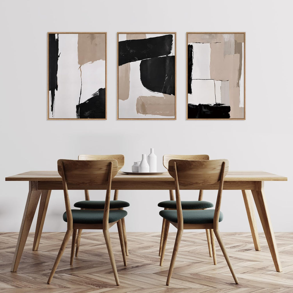 Large Framed Neutral Abstract Canvas Wall Art, Black and White Abstract Wall Decor Set of 3(16"X24")Modern Minimalist