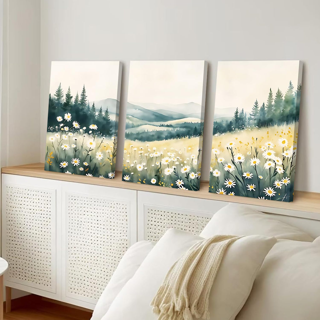 Boho Mountain Flower Wall Art Landscape Green Daisy Canvas Wall Decor Abstract Wildflower Art Prints Farmhouse