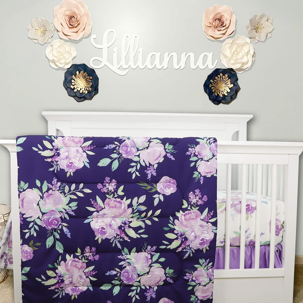 4 Piece Crib Bedding Set for Girls, Purple Flower Quilt, Crib Skirt, Diaper Stacker, Soft Microfiber Comforter, Cotton