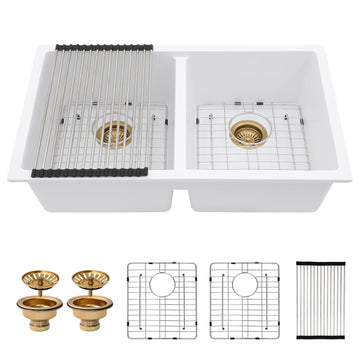 33 White Undermount Granite Composite Double Bowl Kitchen Sink