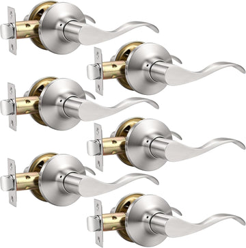 6 Pack Satin Nickel Modern Interior Passage Door Knobs, Keyless Door Handle & Closet, Wave Style Non-Locking Door