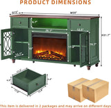 59 Inch Farmhouse Fireplace TV Stand for TVs up to 65 Inches, Entertainment Center with Electric Fireplace, LED Lights, Glass Doors, Storage Drawers, Green