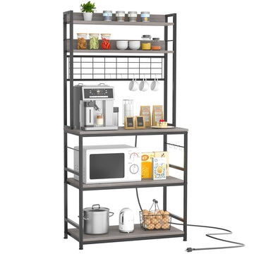 Kitchen Bakers Rack with Power Outlet, Coffee Bar Cabinet, Kitchen Racks with Storage Cabinet, 5-Tier Microwave Stand