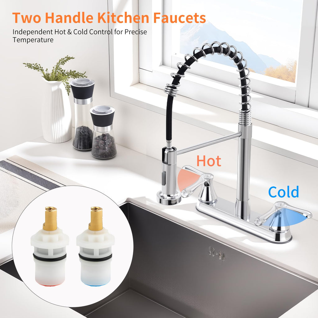 2 Handles Kitchen Faucet with Pull Down Sprayer for 3 Hole Sink, 360° Rotating Spout Commercial 2 Handle Stainless