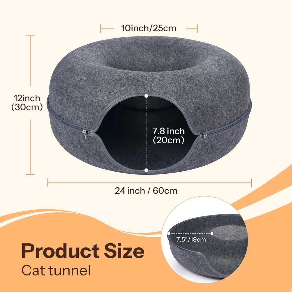 Cat Cave Bed - Peekaboo Cat Donut Tunnel, Scratch-Resistant Felt Cat Nest for Indoor Cats, Detachable Round Cat