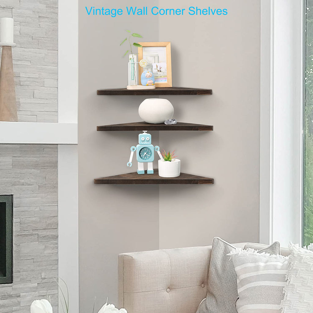 Corner Wall Shelf Set of 3, Floating Corner Shelves, Rustic Wood Wall Storage Display Shelves (Dark Brown)