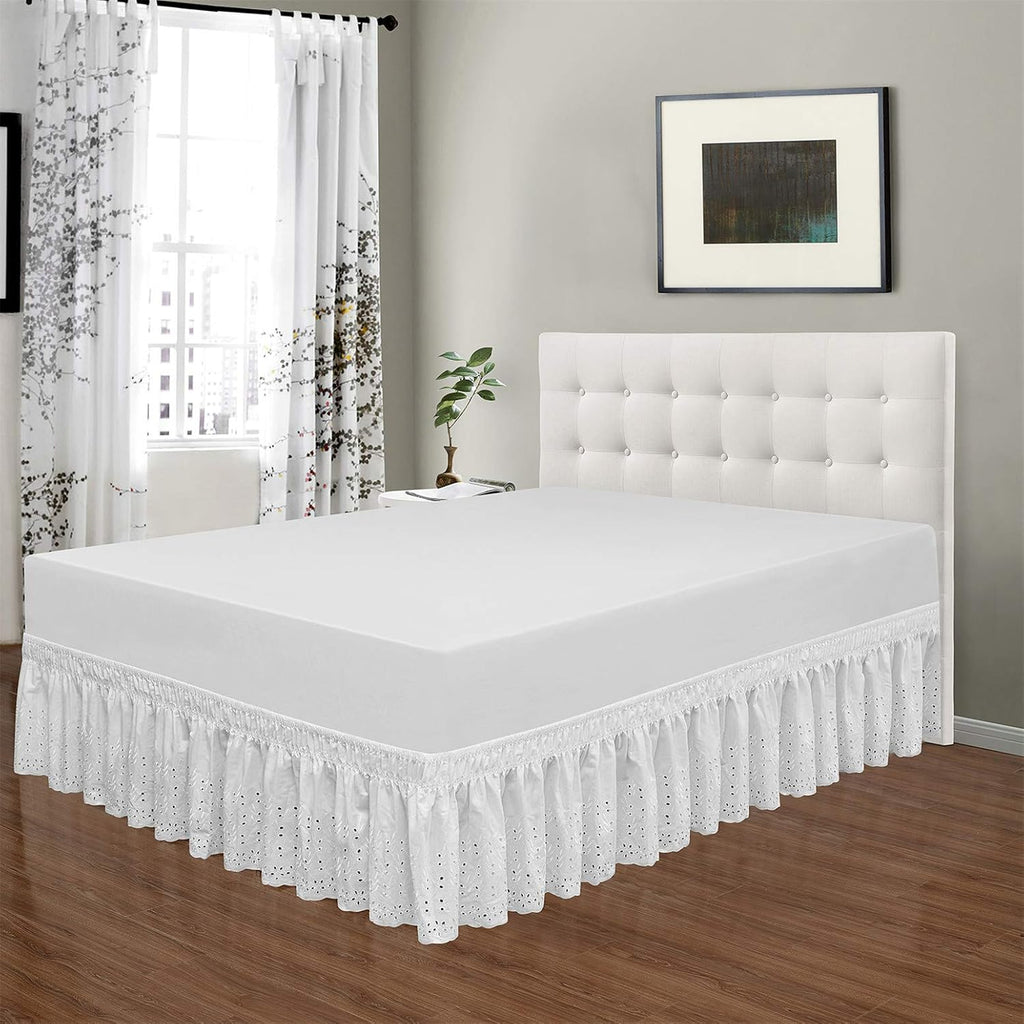 Wrap Around Elastic Eyelet Bed Skirt Dust Ruffle (White, Queen/King-18 Inch Drop)