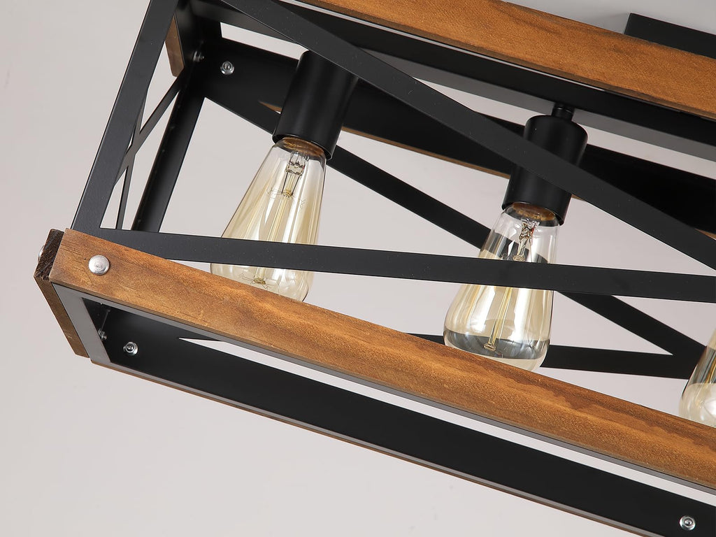 5-Light Large Rustic Farmhouse Wood Flush Mount Ceiling Light Fixture 31.5 inch Oak Wood and Metal Rectangular Track