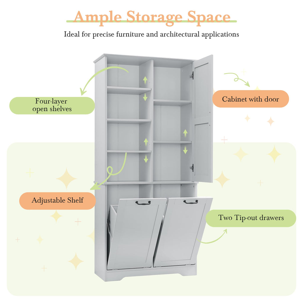 Tall Laundry Cabinet with 2 Tilt Out Laundry Hamper, Wood Bathroom Storage Cabinet with Doors and Adjustable Shelves