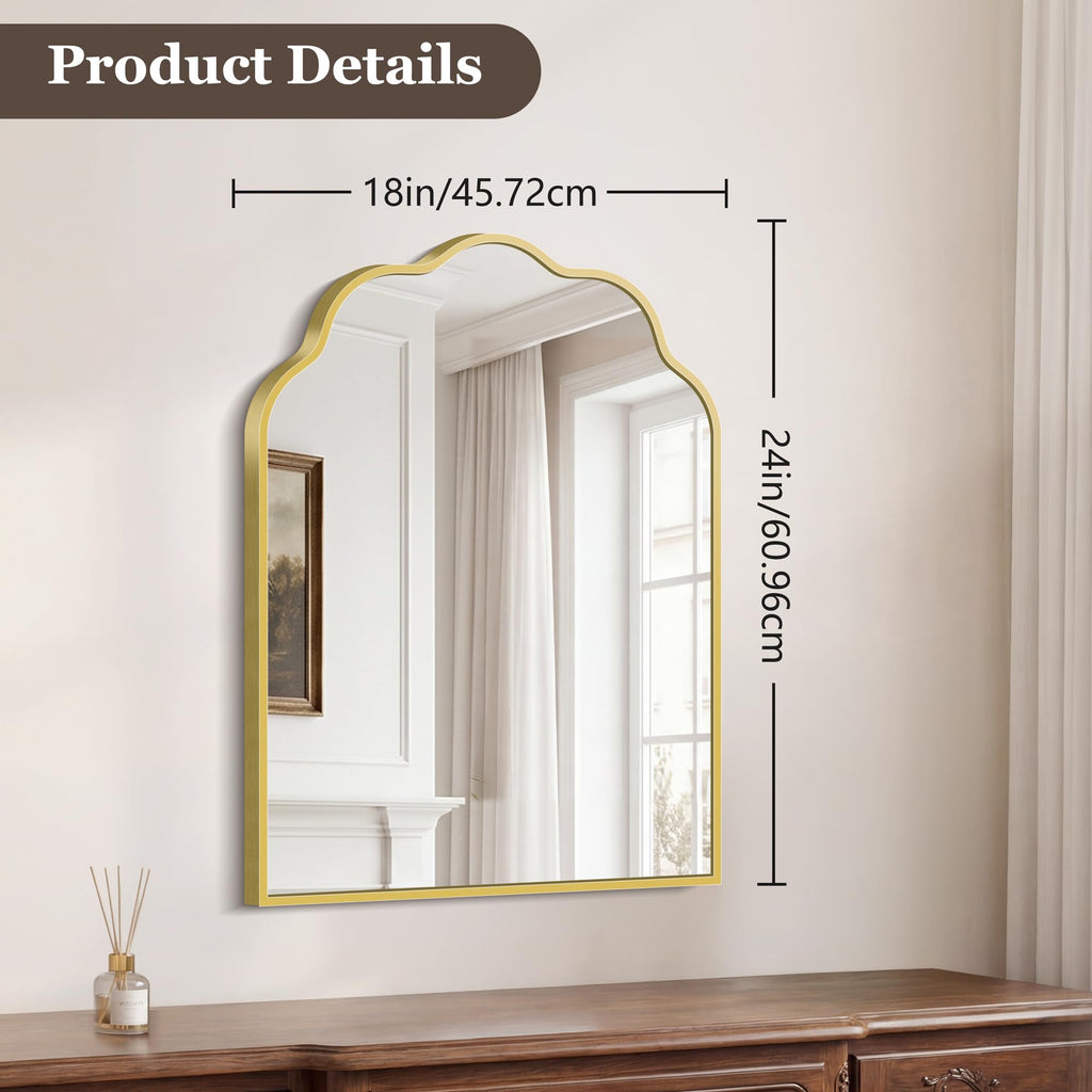 Gold Arched Mirror, 18×24Inch Scalloped Bathroom Mirror, Wavy Wall Mounted Vanity Mirror with Aluminum Alloy Frame