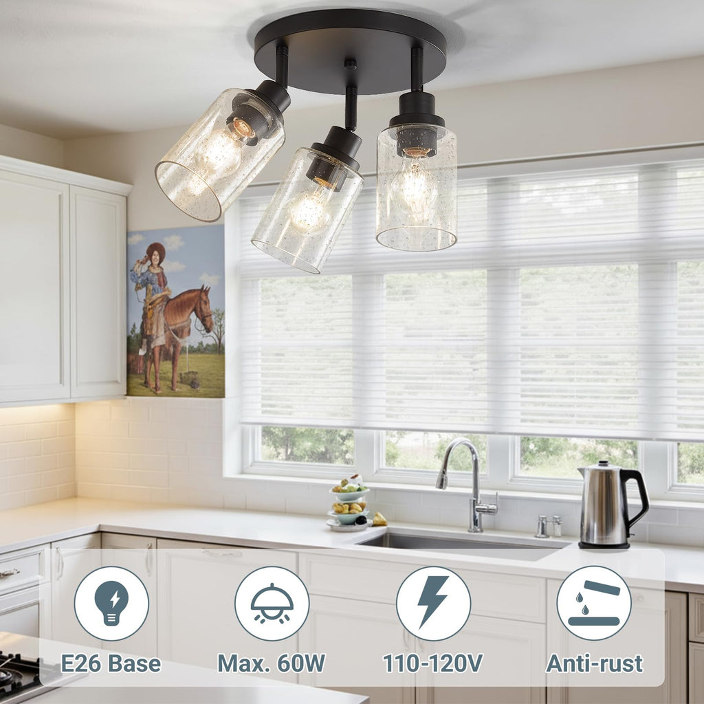 Track Lighting with Rotatable Light Heads, Black Ceiling Track Lighting Fixtures with Seeded Glass Shade