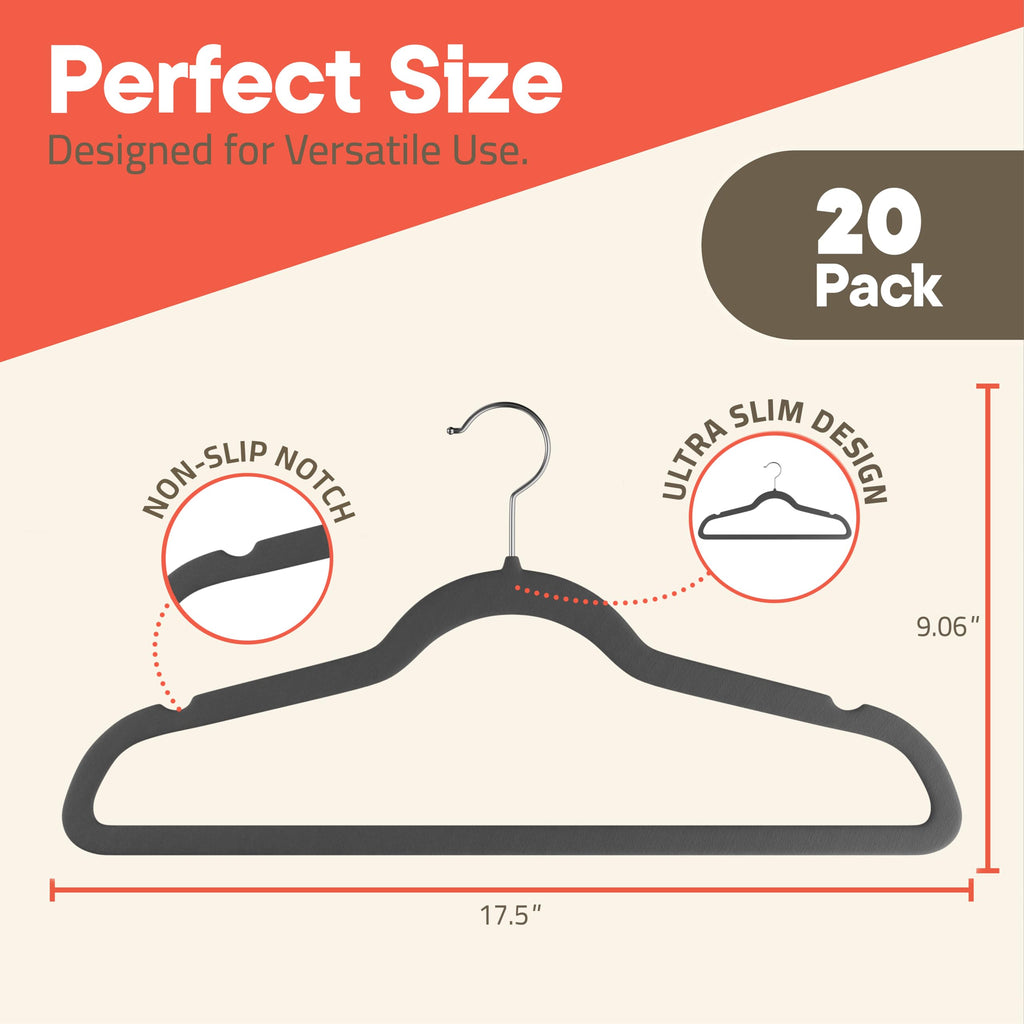 Gray Velvet Hangers 20 Pack - 360° Swivel Hook, Non-Slip and Space Saving Hangers, Heavy-Duty 11 lbs Weight Capacity