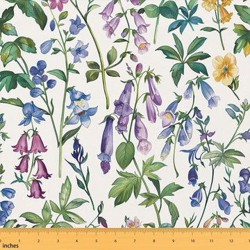 Purple Flowers Fabric By The Yard, Rustic Plants Indoor Outdoor Fabric, Blue Petals Cartoon Upholstery Fabric, Retro