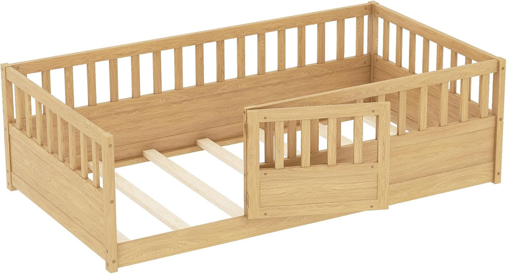 Montessori Floor Bed with High Fence, Slats and Door, Natural