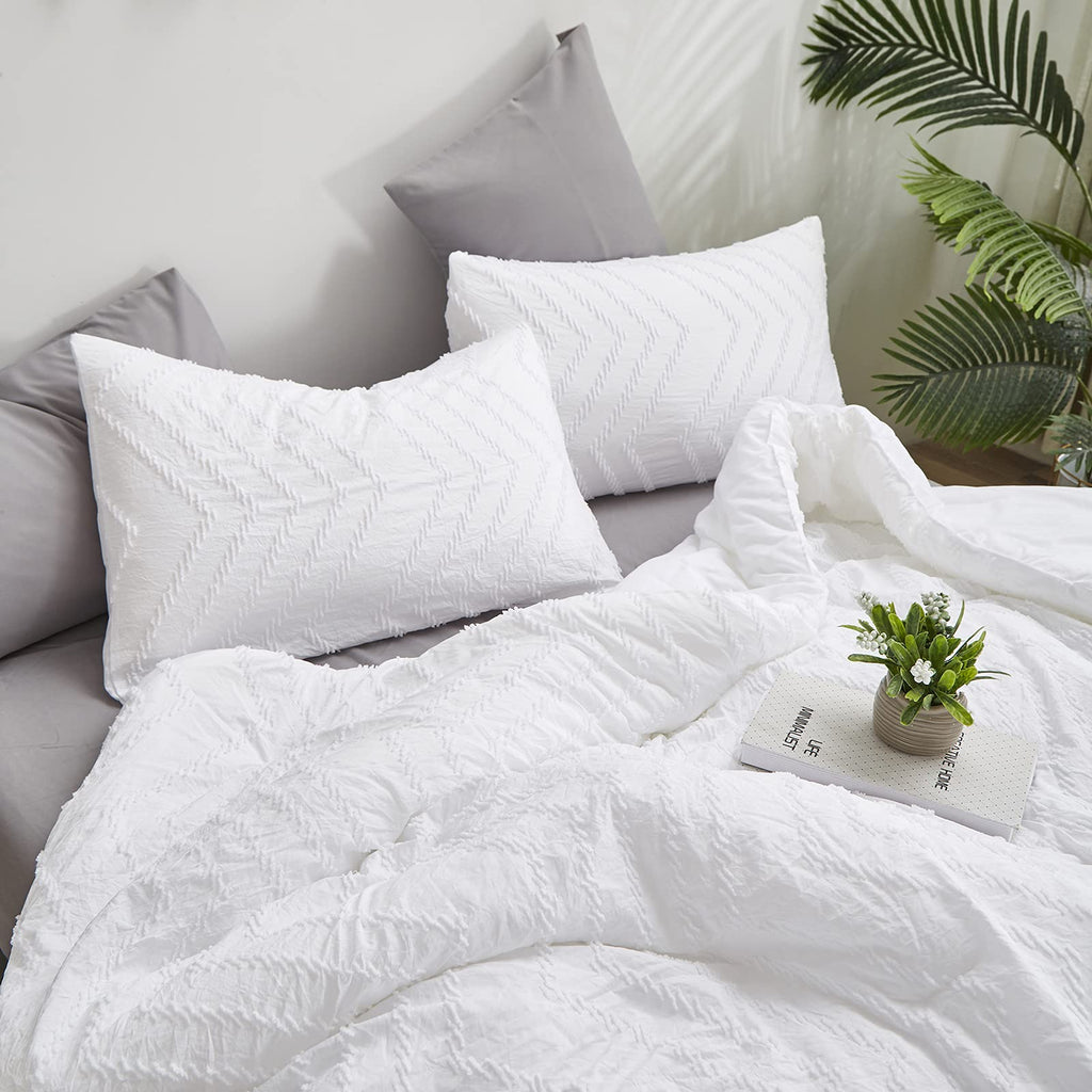 White Jacquard Comforter Set King Boho Bedding Comforter Farmhouse Shabby Tufted Blanket Quilts Rustic Plain White