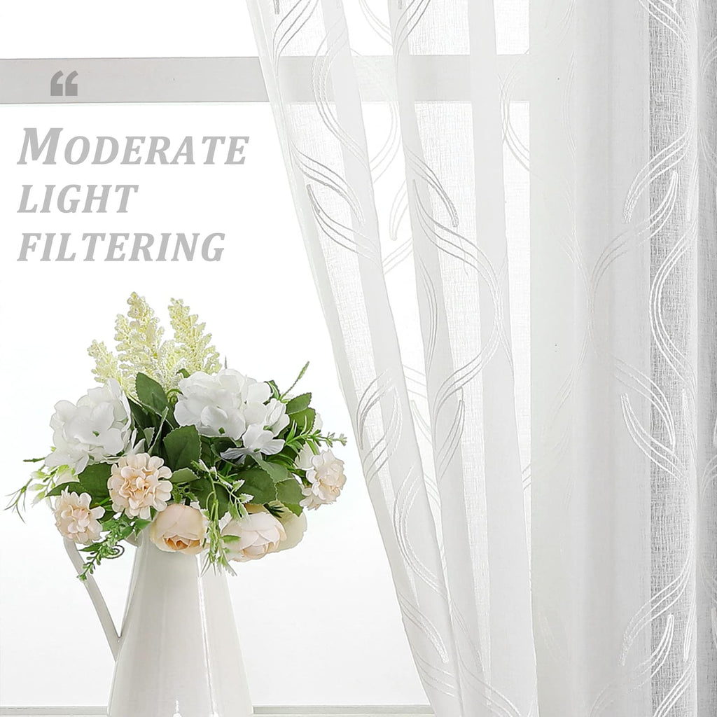 White Sheer Curtains Geometric Moroccan Embroidered 63 Inches