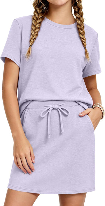 Girls Summer Outfits Skirt Set Casual Short Sleeve T-Shirt and Drawstring Skort with Pockets 2 Piece Clothing Sets