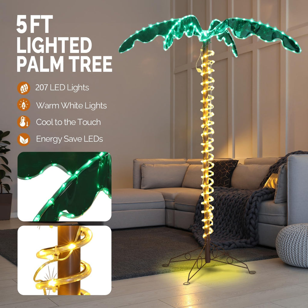 5FT Lighted Palm Tree, Outdoor Palm Trees for Outside Patio Pool Yard Holiday Decor, Artificial Light up Palm Tree
