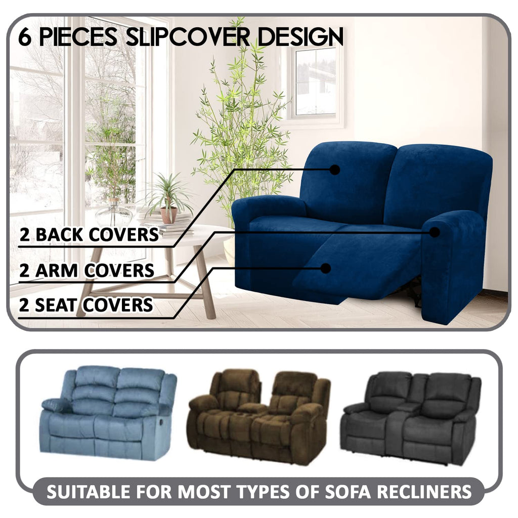Reclining Love Seat Slipcover, 48" - 65" L, 6-Piece Velvet Stretch Loveseat Recliner Cover, 2 Seat Reclining Sofa