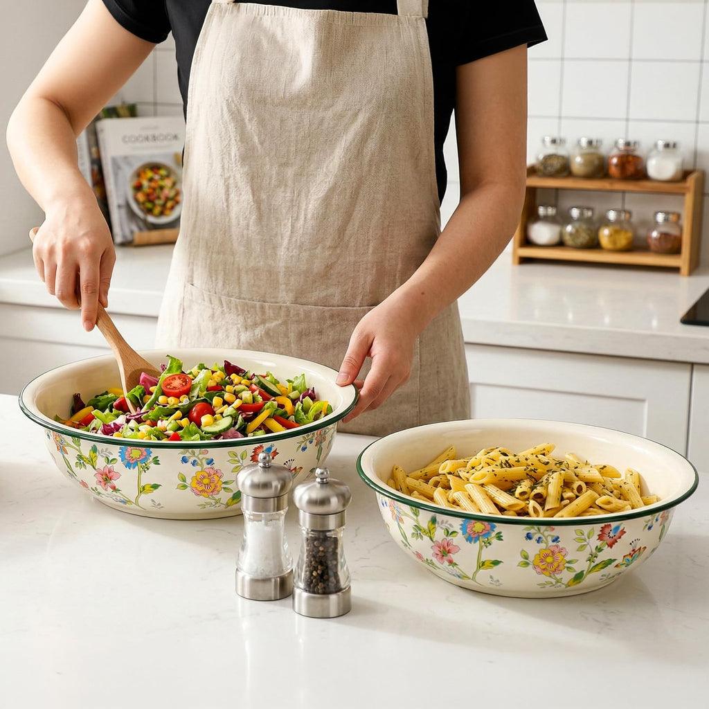 2 Pack Vintage Enamel Mixing Bowls, 11.8 Inch Primitive Enamelware Basin for Fruit, Salad, Pasta, Dough Making, 3.6