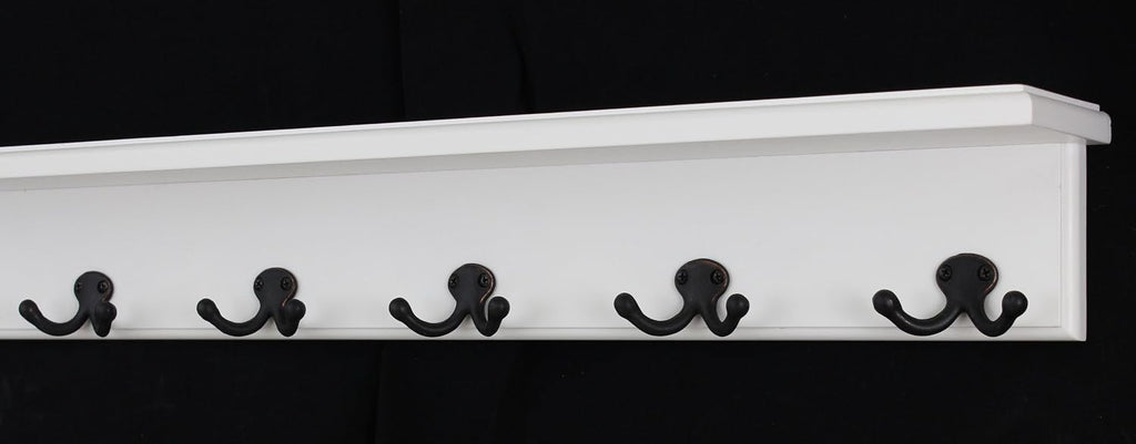 White Shelf Coat Rack with Aged Bronze Double Style Hooks (26" with 5 Hooks)