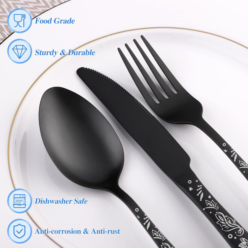40 Piece Skull Pattern Matte Silverware Set for 8, Black Flatware set Service for 8, Gothic Unique Skull Pattern