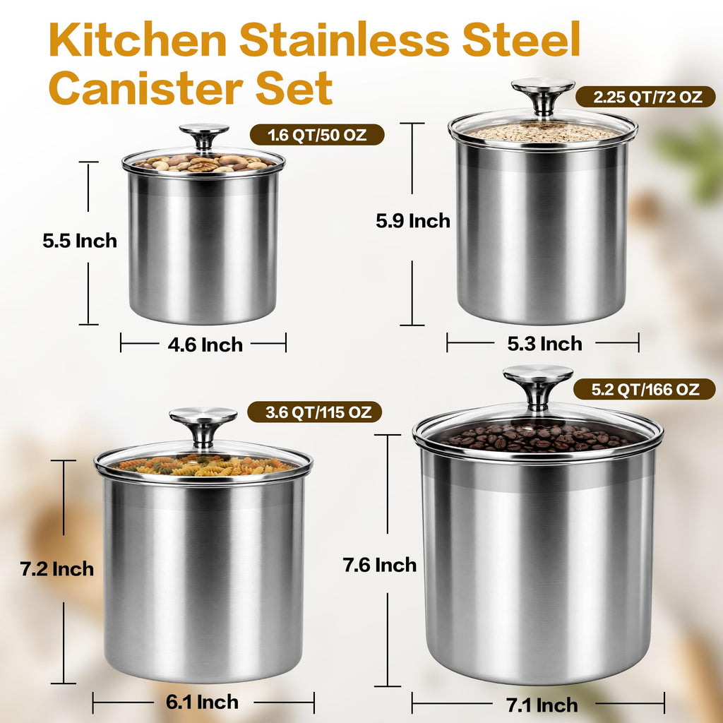 4-Pcs Stainless Steel Airtight Kitchen Canister Set with Glass Lid
