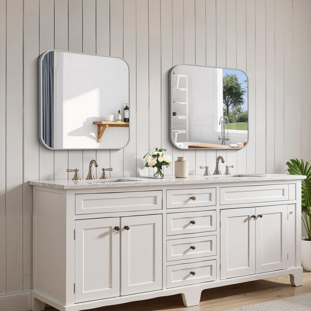Bathroom Mirror for Over Sink 24x24 Inch Silver, Square Wall Mirror with Metal Frame, Rounded Corners Decor