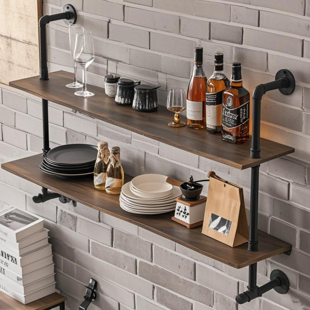 Industrial Pipe Shelving 48inch Wall Mounted, Rustic Floating Shelves with Wood Shelf, 2 Tier Farmhouse Bathroom