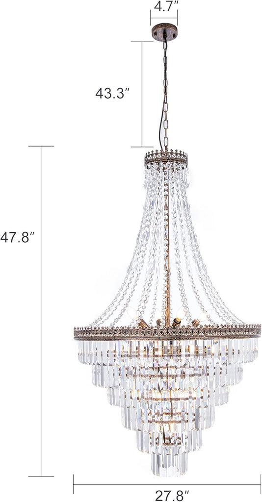 French Empire Crystal Chandelier Modern Farmhouse Chandelier Ceiling Light for Foyer Entryway High Ceiling, Vintage Antique Bronze Chandelier Light Fixture for Dining Living Room 28" W x 48" H A108-B0C2GW9JQS