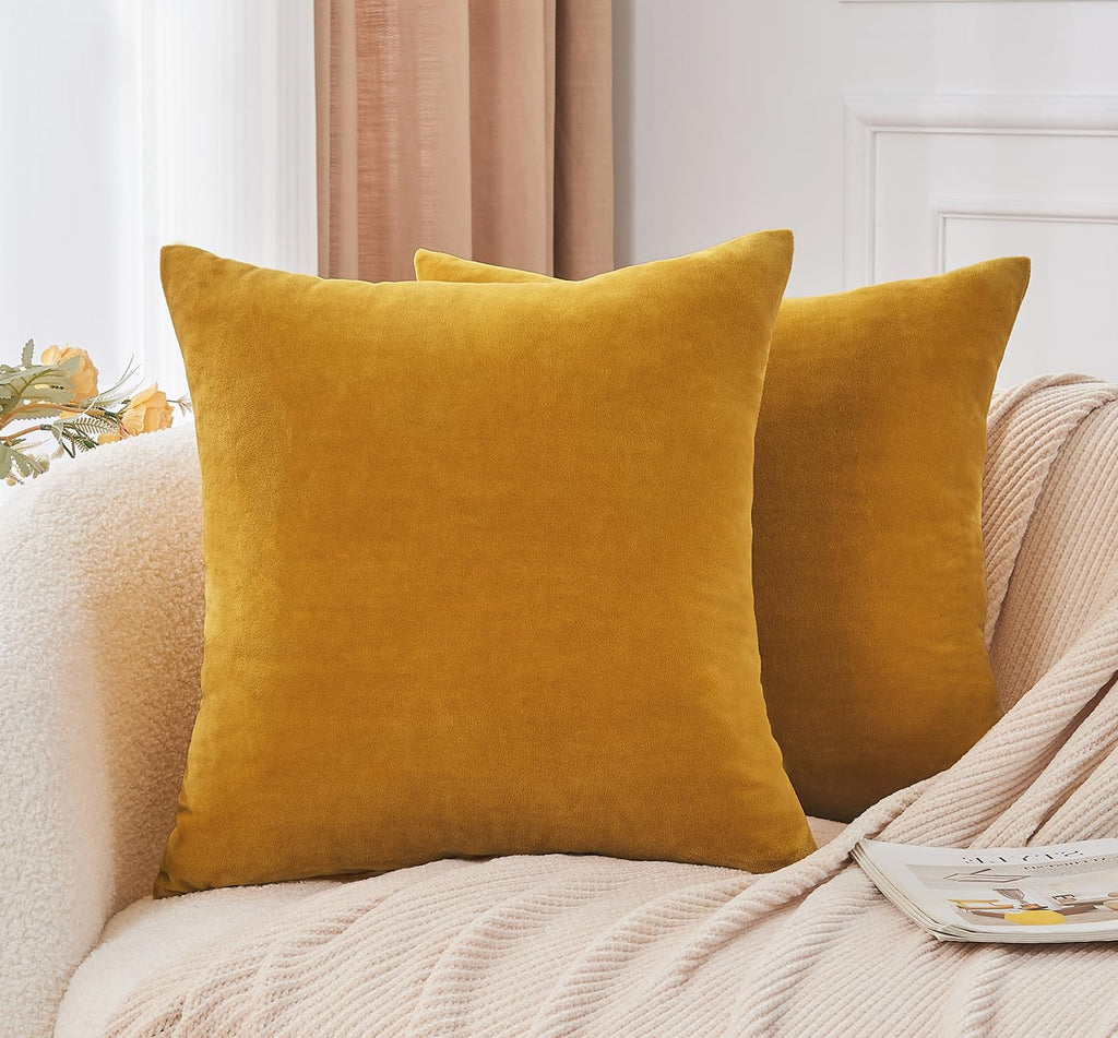Throw Pillow Covers Mustard Yellow Set of 2 20x20 Inch Fall Pillow Covers, Soft Velvet Farmhouse Neutral Decorative