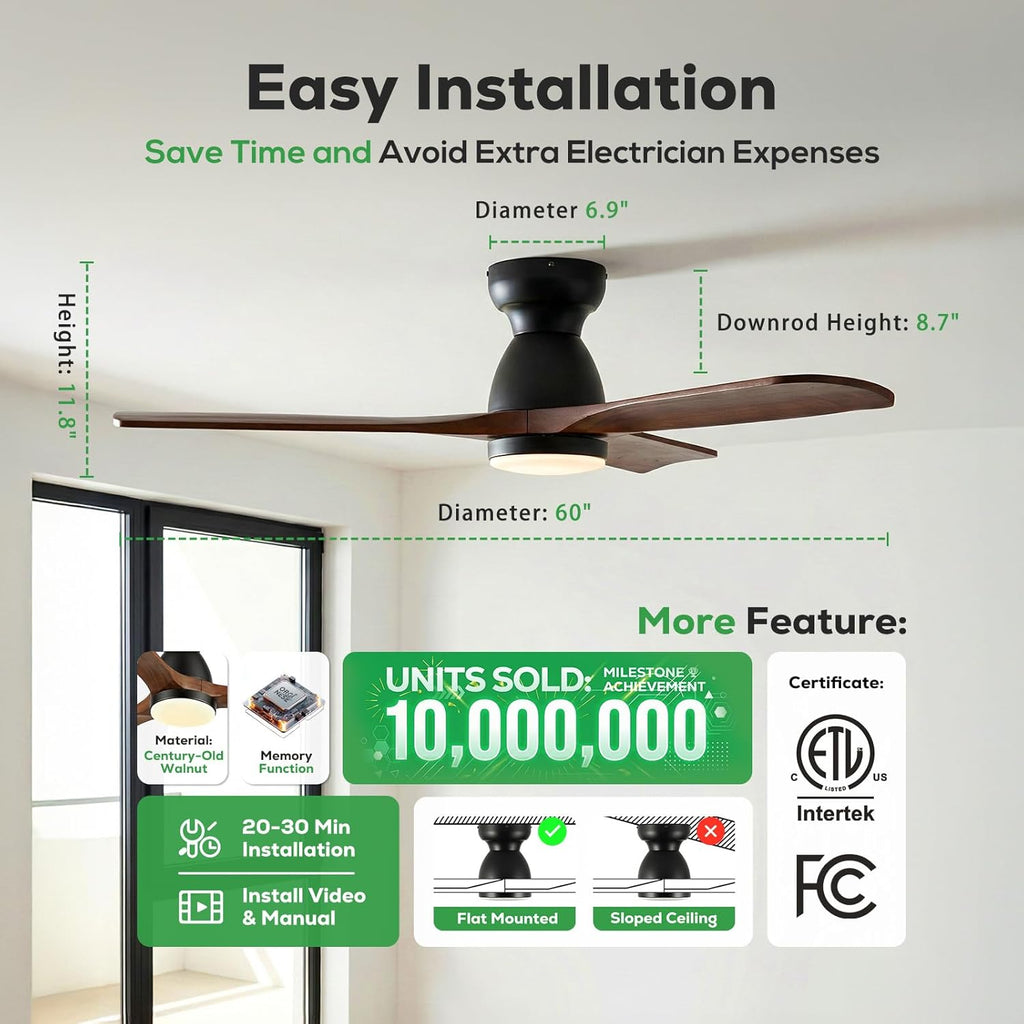 60 Inch Flush Mount Ceiling Fan with Light, Low Profile Smart Ceiling Fan with 3 Solid Walnut Wood Blades, Dimmable LED, Reversible Quiet DC Motor, Alexa App & Remote Control, Indoor Outdoor, Dark Walnut