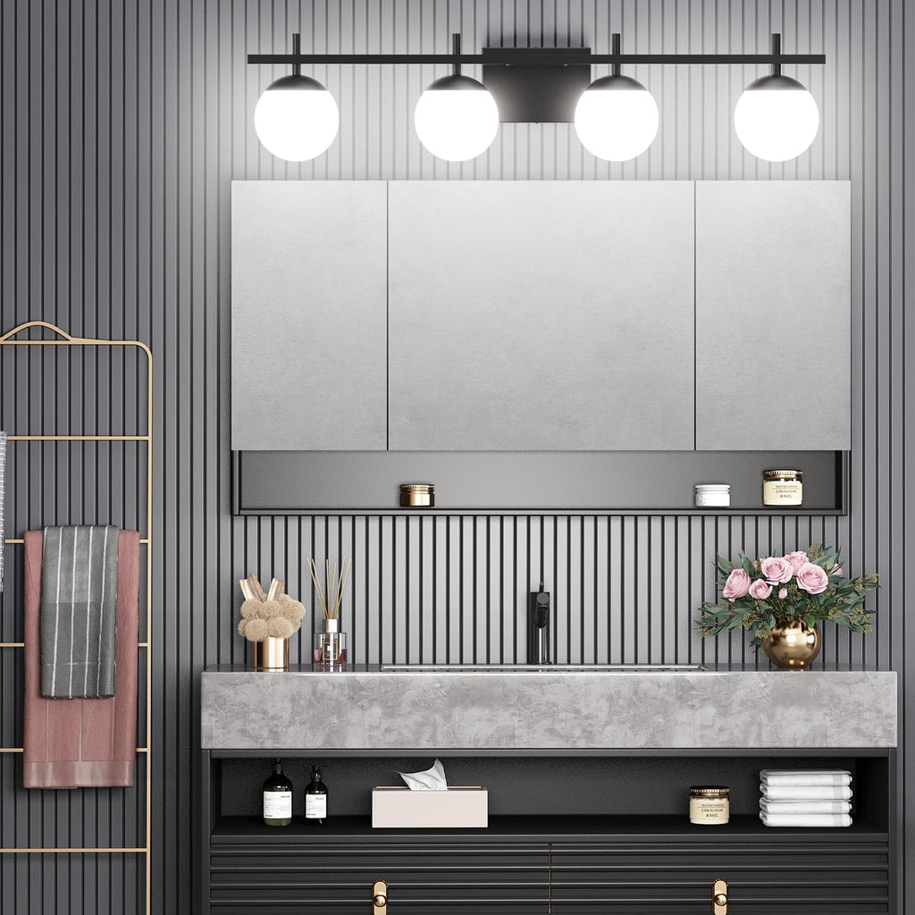 Black Vanity Lights Milky Glass Mid Century Modern Bathroom Vanity Wall Light Over Mirror, Black 4-Lights