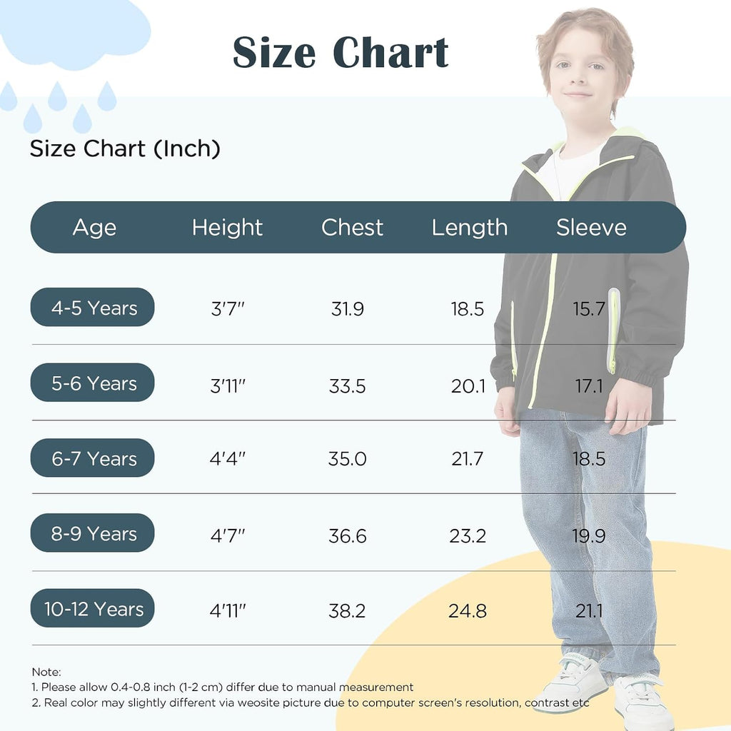 Kids Rain Jacket with Air Vents Mesh Lined, Hooded Raincoats with Extended Brim for Boys Girls