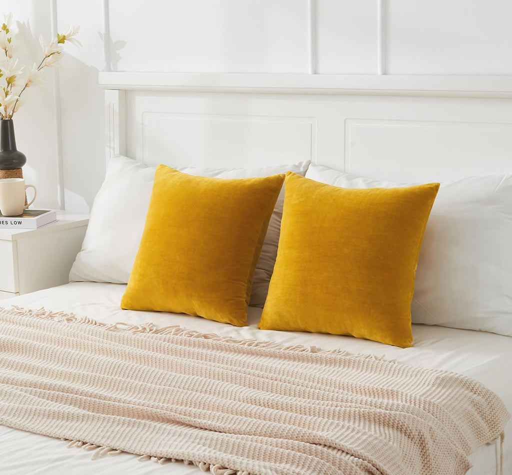 Throw Pillow Covers Mustard Yellow Set of 2 20x20 Inch Fall Pillow Covers, Soft Velvet Farmhouse Neutral Decorative