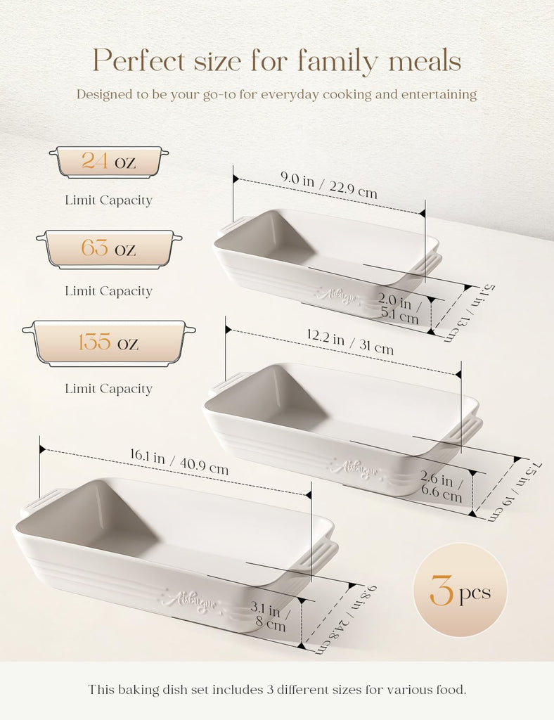 Ceramic Baking Dish Set, 3-Piece Casserole Dishes for Oven, Rectangular Baking Pans, Deep Lasagna Pans with Handles