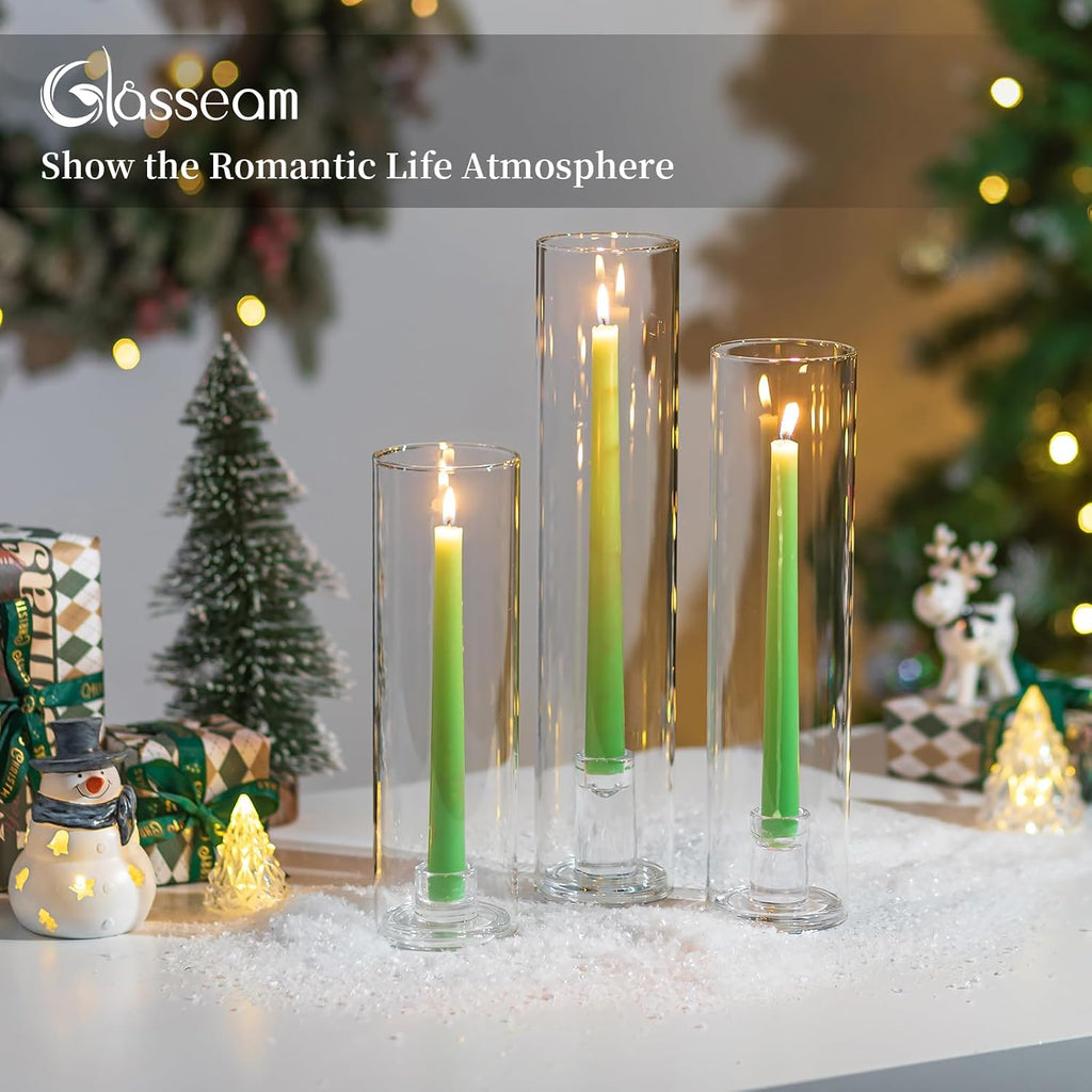 Hurricane Candlestick Holders: 12 Pcs Glass Taper with Cylinder | 2.5mm Thick Glass Sleeves, 9.84''/11.84''/13.78''