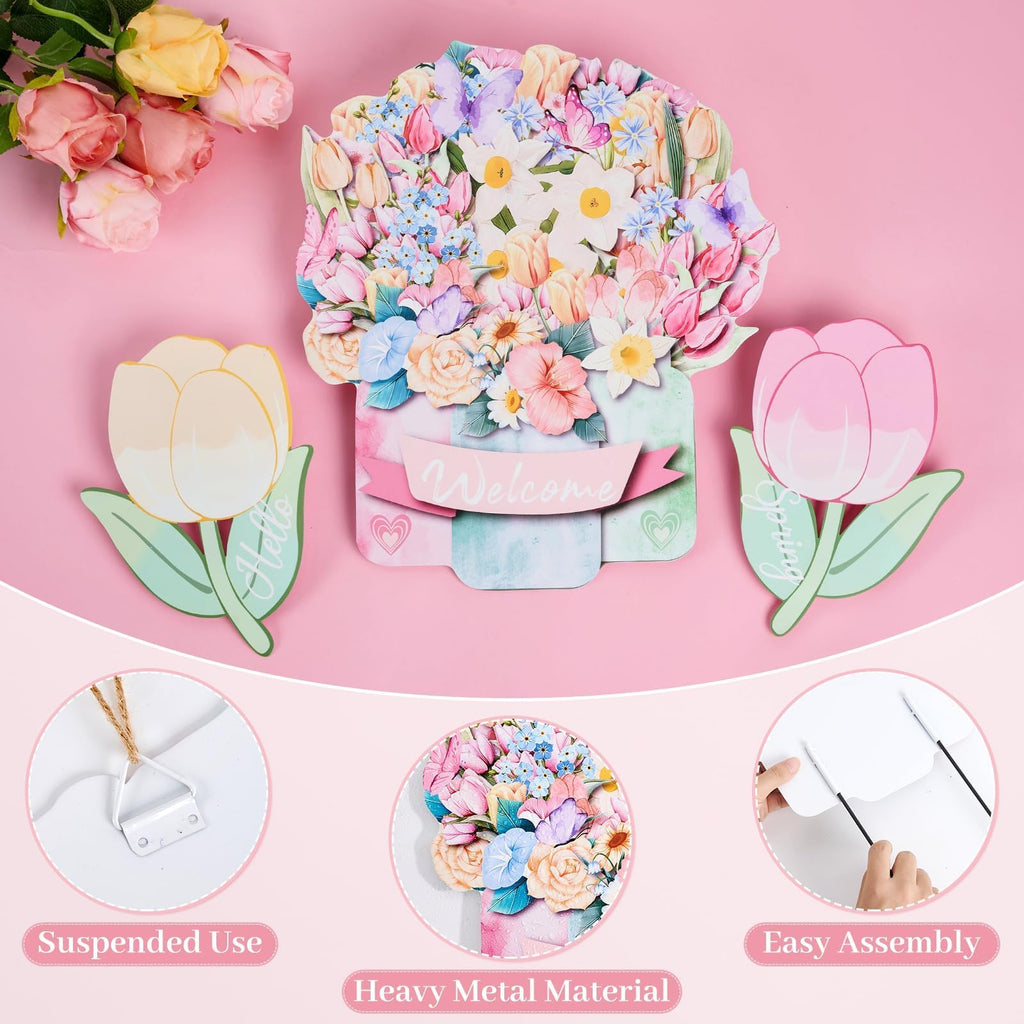 3Pcs Hello Spring Welcome Flower Yard Stakes Metal Floral Outdoor Decor, 2-in-1 Decorative Tulip Flower Sign for