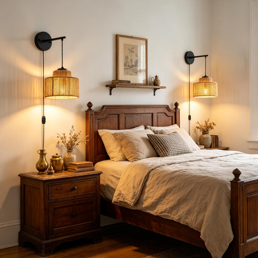 Rattan Plug in Wall Sconces 2 Pack with Dimmable Switch on 6.56FT Cord