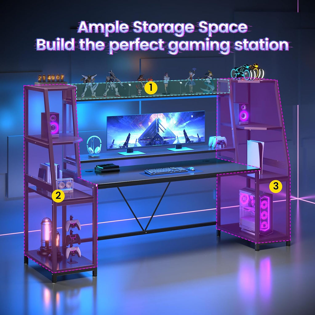 79'' Gaming Desk with LED Lights, Hutch and Storage Shelves, Black | Computer Desk with Monitor Stand, Large PC Gamer