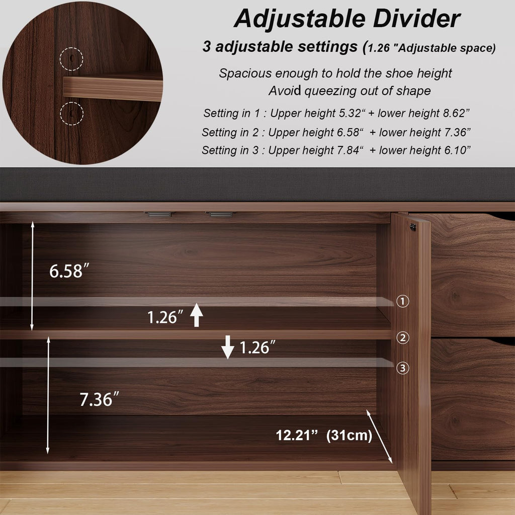 40" Entryway Storage Bench with Padded Seat Cushion, Wood Hidden Shoe Organizer Bench with 2 Drawers Cabinet