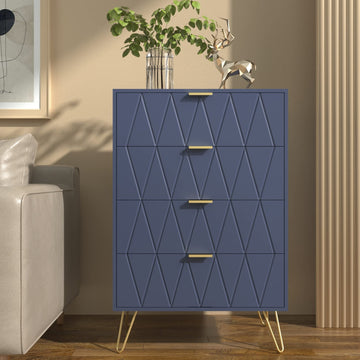 Navy Blue Tall 4 Drawer Dresser Black with Gold Handles, Drawer Chest Tall Storage Dresser Cabinet Organizer Unit
