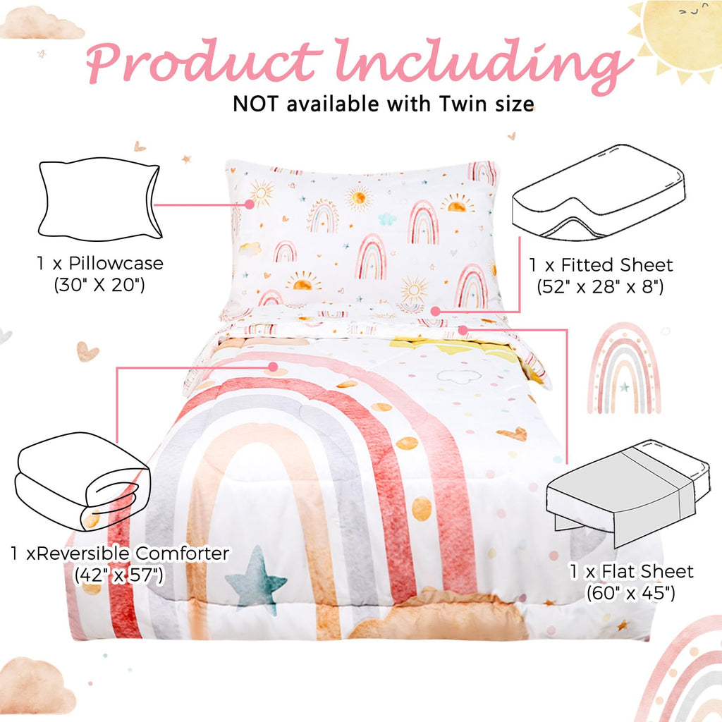 Toddler Bedding Set for Girls 4 Piece Pink Rainbow Toddler Girl Bedding Set Super Soft & Lightweight Toddler