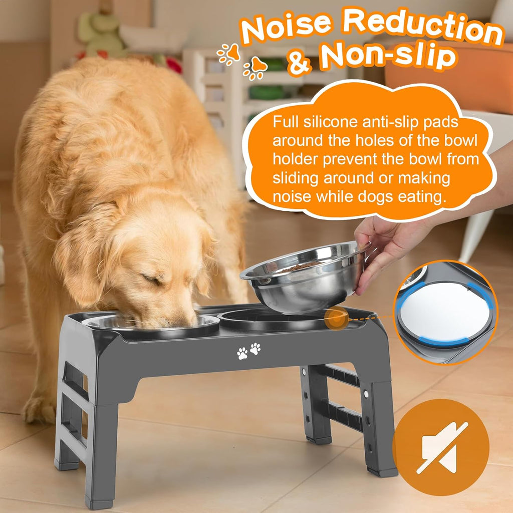 Elevated Bowls, 4 Height Adjustable Raised Stand With 2 Thick 50oz Stainless Steel Food Bowls, Non-Slip Feeder
