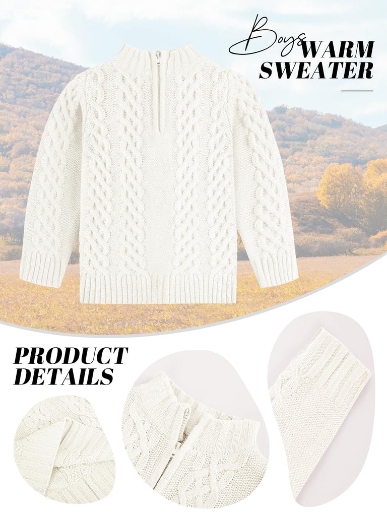 Toddler Boys' Girls' Cable Knit Pullover Sweater Quarter Zipper Long Sleeve Fall Winter Knitwear Outfit White