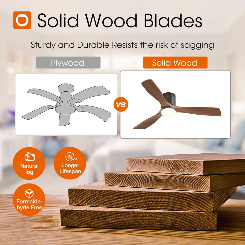 52 inch Ceiling Fans with Lights, Low Profile Ceiling Fan with Light and Remote Control, Flush Mount, Reversible, 3 Wood Blades, 5CCT Dimmable, Black Walnut Ceiling Fan for Indoor/Outdoor Use A103-B0DY7PBF41